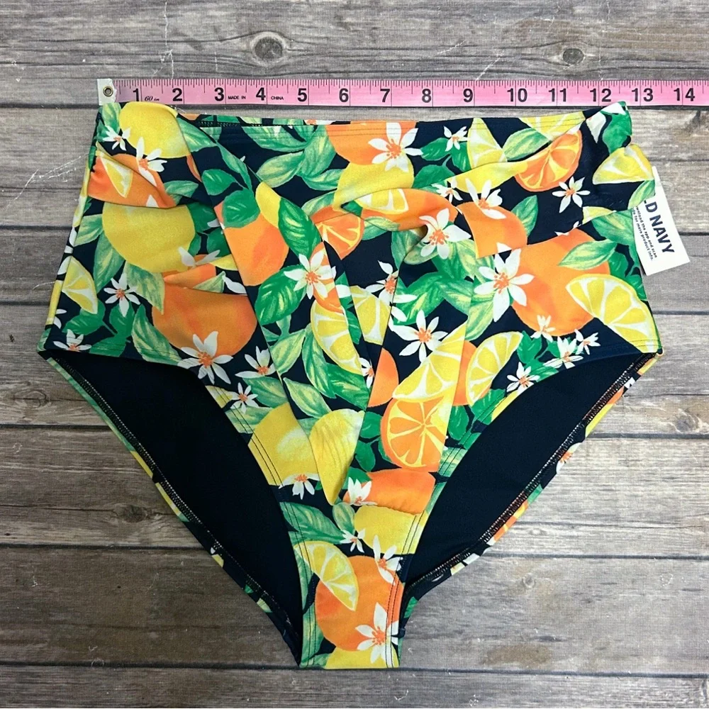 Old Navy Blue Yellow White High Waisted Side Tie Lemons Oranges Bikini Bottom
